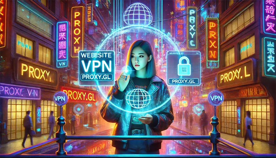 Illustration eines Mädchens, das ein VPN auf Proxy.gl wählt.